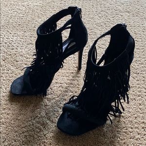 New Steve Madden black suede heels with fringe.